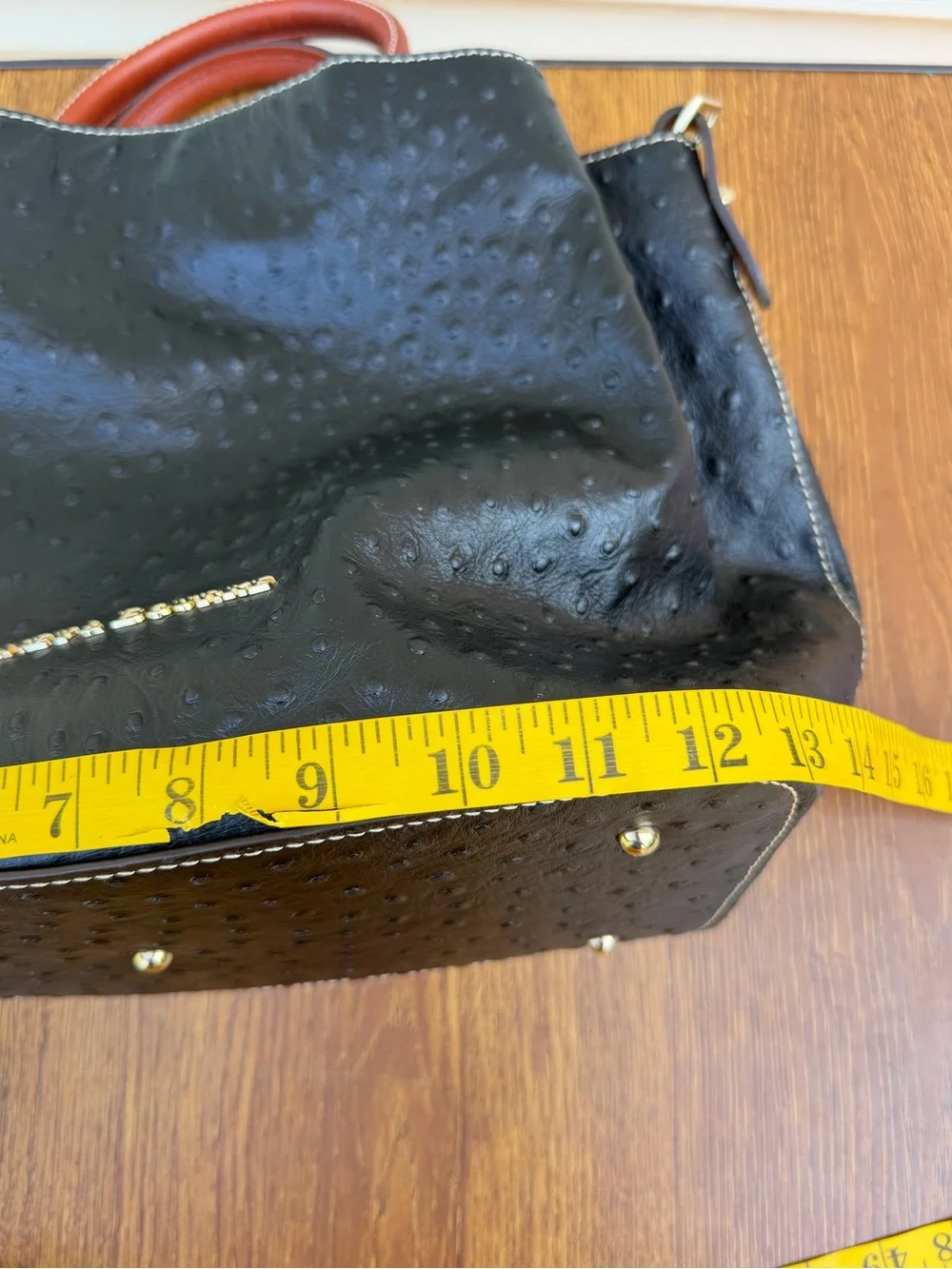 Dooney & Bourke Ostrich Embossed Leather Satchel Tote Black Brown M/L Bag